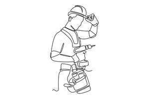 Single continuous line drawing young handyman wearing helmet and uniform while holding drill machine. Repairman work construction maintenance services. One line draw graphic design illustration vector