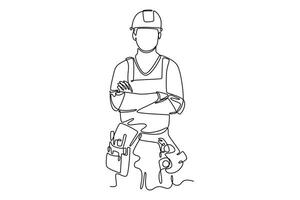 Single continuous line drawing young construction builder wearing uniform, tools belt, helmet while crossing his hands. Craftsman home repair services. One line draw graphic design illustration vector