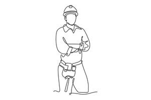 Single continuous line drawing young active handyman posing cross arms on chest before work. Professional work job occupation. Home renovation. Dynamic one line draw graphic design illustration vector