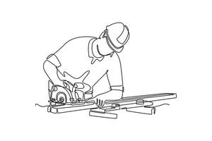 Single one line drawing young woodworker or carpenter wearing helmet cutting wooden board using circular saw. Home renovation services. Modern continuous line draw design graphic illustration vector