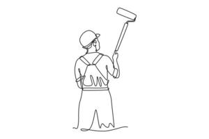 Single continuous line drawing back view handyman in uniform painting house wall with paint roller. Building painted wall renovation services. Dynamic one line draw graphic design illustration vector