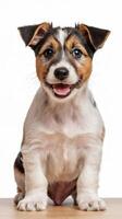 A small dog sitting on a table with its tongue out photo