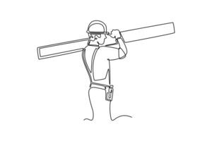 Single one line drawing male construction worker wearing helmet and glove while carrying pile of woods. Carpenter building maintenance services. Continuous line draw design graphic illustration vector