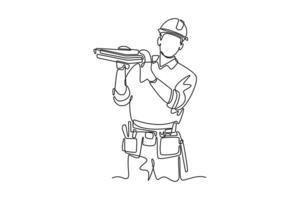 Single one line drawing male carpenter in uniform carrying stack of wooden boards. Building construction worker or home decor services. Modern continuous line draw design graphic illustration vector