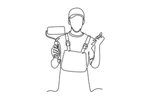 Single continuous line drawing handyman wearing building construction uniform while holding paint roller. Home painted wall renovation service. Dynamic one line draw graphic design illustration vector