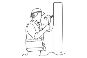 Continuous one line drawing builder or handyman wearing helmet and uniform nailing wall with hammer. Home construction renovation service concept. Single line draw design graphic illustration vector