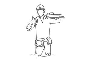 Single one line drawing male construction worker carrying pile of woods with thumbs up gesture. Carpenter building maintenance services. Modern continuous line draw design graphic illustration vector