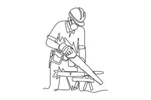Single one line drawing young craftsman or carpenter worker wearing helmet cutting wooden board using handsaw. House maintenance service. Modern continuous line draw design graphic illustration vector