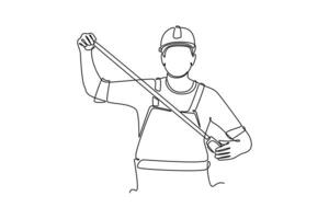Continuous one line drawing builder or carpenter wearing helmet and uniform holding measurement tape. Building construction or renovation services. Single line draw design graphic illustration vector