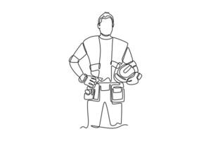 Single one line drawing young active architect wearing construction uniform, vest while holding helmet. Home renovation service concept. Modern continuous line draw design graphic illustration vector