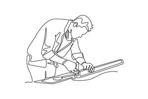 Continuous one line drawing young carpenter measuring wooden board using measurement tape, ruler, pencil. Home construction or renovation services. Single line draw design graphic illustration vector