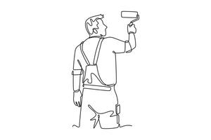 Single continuous line drawing back view handyman painting construction building wall with paint roller. Home painted wall renovation services. Dynamic one line draw graphic design illustration vector