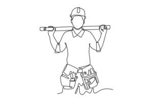 Single continuous line drawing handyman or carpenter wearing helmet and uniform holding spirit level. Building construction and home repair services. One line draw graphic design illustration vector