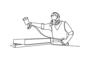 Continuous one line drawing young carpenter worker wearing helmet and mask painting wooden board using paint sprayer. Building renovation services. Single line draw design graphic illustration vector