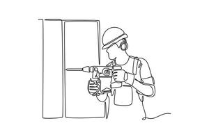 Continuous one line drawing handyman worker wearing helmet and uniform drilling wooden wall using drill machine. House maintenance service concept. Single line draw design graphic illustration vector