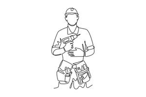 Continuous one line drawing handyman worker wearing helmet and uniform holding electric drill machine. Building construction maintenance services. Single line draw design graphic illustration vector