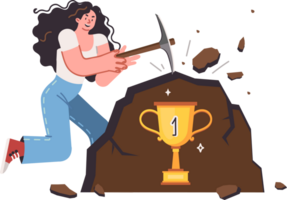 Self-development helps woman with pickaxe achieve victorious trophy hidden under rock. Girl wants to become winner and achieve success using self-development and diligence or pursuit of goal. png