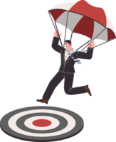 Business man achieves goal by falling on target thanks to use of parachute and career ambition. Motivated positive entrepreneur reaches set goal and carries out plan on way to success png