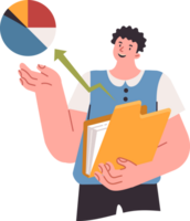 Man analyst has conducted statistical research and demonstrates graph with results, holding paper reports. Guy analyst for infographic design or business presentation with analytical information png