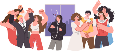 Introvert man stands alone in noisy disco with dancing people and is embarrassed to participate in party. Introvert guy listens to music on headphones, not paying attention to friends having fun png