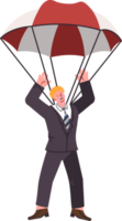Insurance in form of parachute for business man escaping after company goes bankrupt or fired from job. Corporate manager insurance that allows to avoid life-destroying career shocks. png