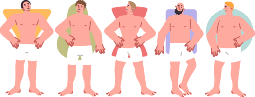 Different types of male body similar to circle or square and hourglass with triangle. Men in shorts demonstrate possible types of body constitution, for concept of figure positivity. png