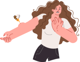 Bee bites woman hand, digging its stinger into skin and injecting venom into allergic reaction. Frightened girl panics and feels pain when stung by bee flying out of apiary or wild bumblebee png