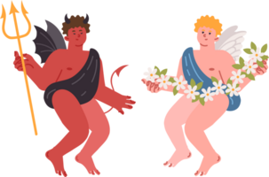 Angel and devil symbolize contrast between good and evil, for concept of choosing way to solve problem. Angel with flower garland flew from heaven, located near with devil appeared from hell png