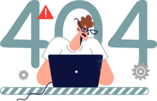 Man system administrator sees 404 error on website and repairs computer to fix problem. Guy programmer is upset because of 404 error that caused laptop to freeze and problems with access png