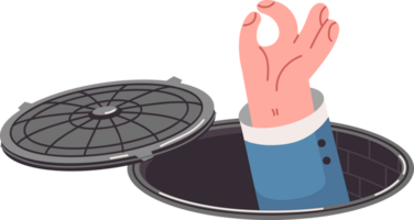 Man demonstrates resistance to stress by falling into sewer and showing ok gesture by sticking hand out of open hatch. Concept of importance of stress resistance when faced with difficult situation png
