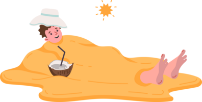 Man relaxing on beach is buried up to neck in sand during summer vacation at resort with friends. Beach holiday for funny guy with cocktail enjoying sunny weather and fun time by ocean png