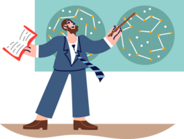 Man astronomer studies star map and points out constellations, giving lecture to university students. Smart guy works as astronomer doing scientific work on topic of space and universe. png