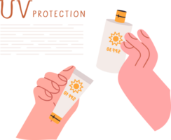 Sunscreen spf30 and spf50 in hands of person choosing product to protect against UV radiation. Sunscreen to avoid sunburn and heatstroke during summer walks or beach holidays at sea png