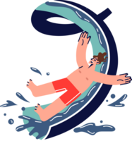 Man visitor to aquapark slides down high slide, enjoying summer holiday and opportunity to cool off in hot weather. Guy from aquapark laughs getting adrenaline from riding water attractions png