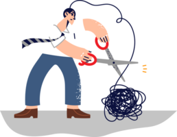 Man gets rid of psychological problems arising from childhood traumas by cutting off tangled wad of thread with scissors. Business guy working on achieving psychological balance in life png