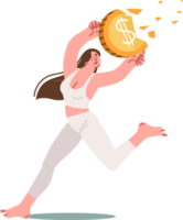 Problem of inflation destroys savings of woman suffering from crisis and running with large coin in hands. Concept of inflation recession due to small federal reserve interest rate png