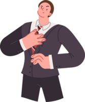 Narcissistic man ties tie and looks up proudly, feeling confident in own abilities. Self-centered guy proudly preparing for important day at work or award ceremony at corporate event png