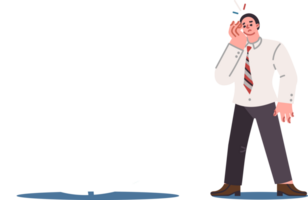 Communication problems of business man standing near destroyed speaking cloud. Guy sad because of flaw talent for public conversation or speaking skills and lack of ability to present himself png