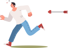 Man runs away from cupid arrow, avoiding serious relationship due to difficult breakup with girlfriend. Cupid arrow flies at scared guy, wants to escape persecution on Valentine day png