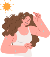 Sweaty woman suffers from unbearable heat and summer weather causing exhaustion and heatstroke. Sweaty girl feels exhausted standing under sun after walking around city in tropical climate png