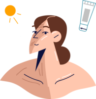 Girl uses SPF cream to avoid tanning in summer, for fear of getting skin cancer due to sun rays. Woman before and after using sunscreen with spf function or cosmetics to get even tan png