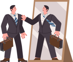 Business man uses self-motivation by looking in mirrors and preparing for meeting. Importance of self-motivation for achieving career goals and ability to present oneself to corporate management png