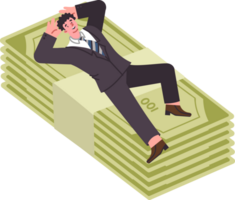 Financial pillow allows man to avoid unnecessary stress and risk, and lie on large wad of money. Financial cushion in case of crisis in economy or financial recession from happy clerk png
