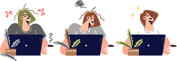 Woman office worker begins to suffer due to burnout and lack of rest or overdose of caffeine. Problem of professional burnout in workaholic girl who sits at computer for too long without break png