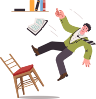 Man falls from chair, reaching for book located on shelf, and risks getting spinal fracture. Accident involving library patron who falls from chair due to poor behavior or broken furniture png