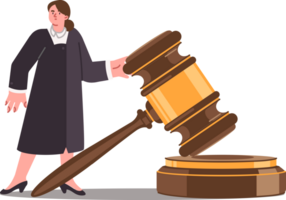 Woman judge makes fair decision for defendant who has broken law, standing near large gavel. Miniature judge feels fear and fears consequences due to need to pass sentence on criminal png