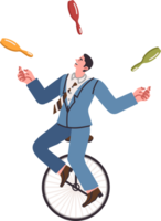 Business man with multitasking skills rides unicycle and juggles pins at same time. Professional manager guy uses multitasking to increase productivity and fulfill kpi plan to increase income png