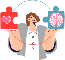 Business woman consciously chooses from feelings and reason, holding puzzle pieces with image of heart and brain. Girl is consciously trying to achieve balance between career and personal life. png