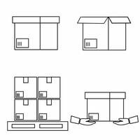 Set of cardboard boxes line art illustration isolated on white background. Closed and opened cardboard boxes for mailing, packing, shipping, and moving. vector