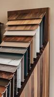 A shelf with different types of wood samples photo